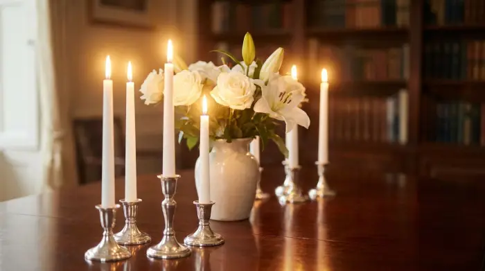Brennende Kerzen und Blumen bei einer Trauerfeier