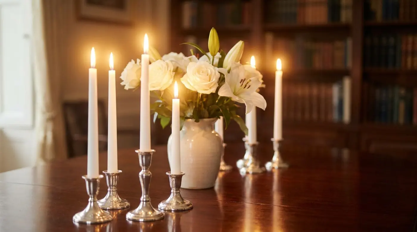Brennende Kerzen und Blumen bei einer Trauerfeier