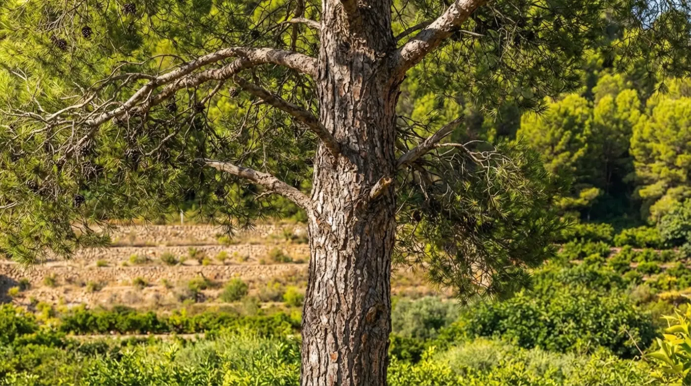 Alte Kiefer über den Terrassen des Naturfriedhofs bei Palma de Gandía